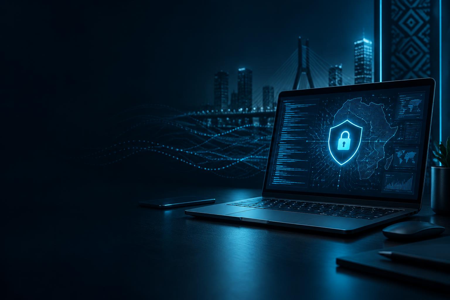 Laptop displaying a cybersecurity interface with a digital map of Africa